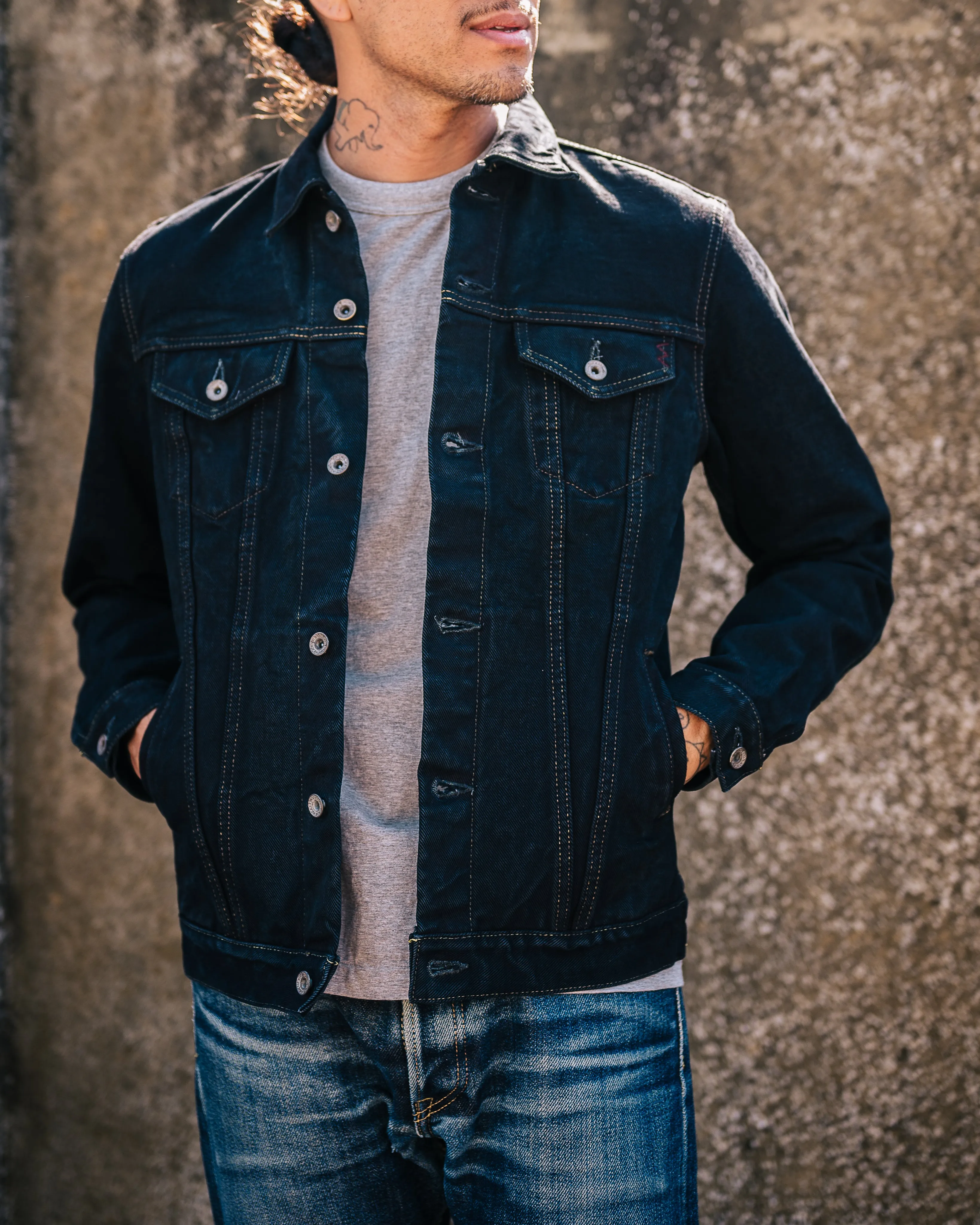 19oz Left-Hand Twill Selvedge Denim Type III Jacket -  Indigo Overdyed Black