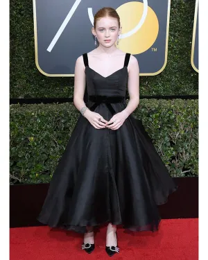 2018 Golden Globes Sadie Sink Black Ball Gowns Organza Ruffles Celebrity Dresses Ankle Length