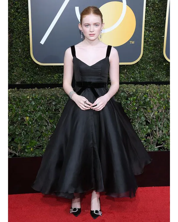 2018 Golden Globes Sadie Sink Black Ball Gowns Organza Ruffles Celebrity Dresses Ankle Length
