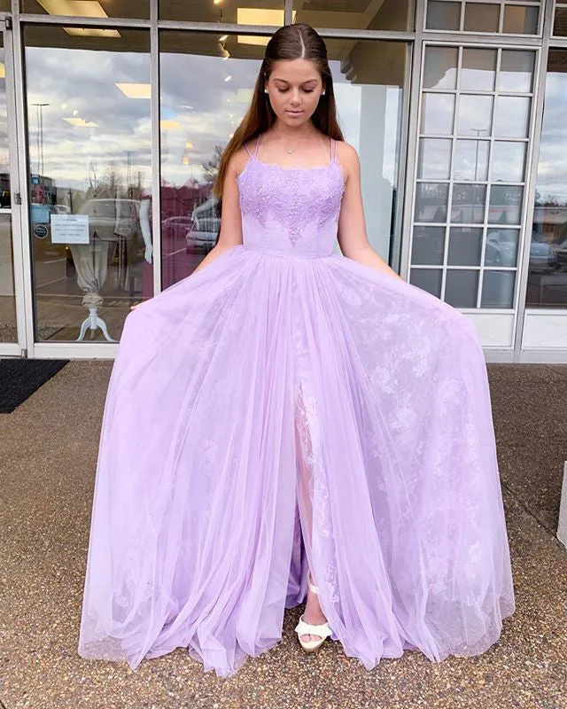 2019 Lilac Lace Tulle Prom Dresses with Split Side Sexy Spaghetti Straps Long Prom Evening Gowns