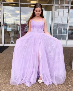 2019 Lilac Lace Tulle Prom Dresses with Split Side Sexy Spaghetti Straps Long Prom Evening Gowns