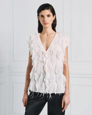 Access Fashion Sleeveless White Ruffled Feather Blouse