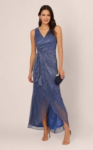 Adrianna Papell- Metallic Mesh Cascade Gown in Light Navy