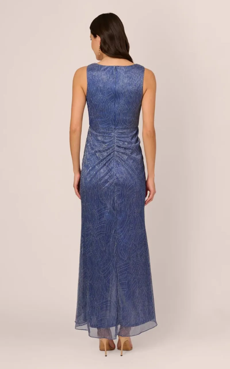 Adrianna Papell- Metallic Mesh Cascade Gown in Light Navy