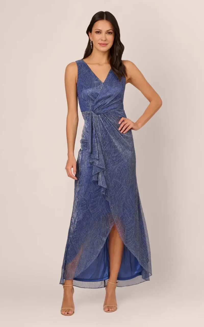Adrianna Papell- Metallic Mesh Cascade Gown in Light Navy