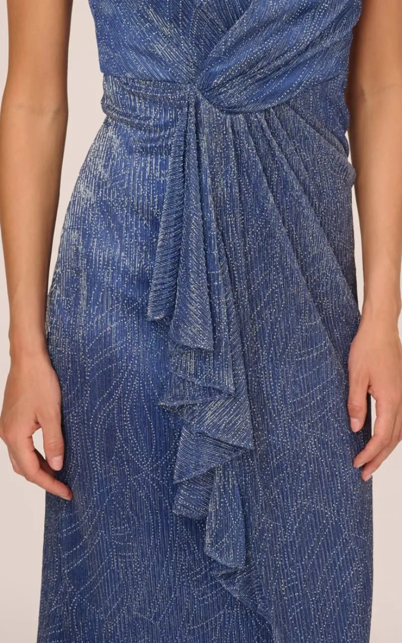 Adrianna Papell- Metallic Mesh Cascade Gown in Light Navy