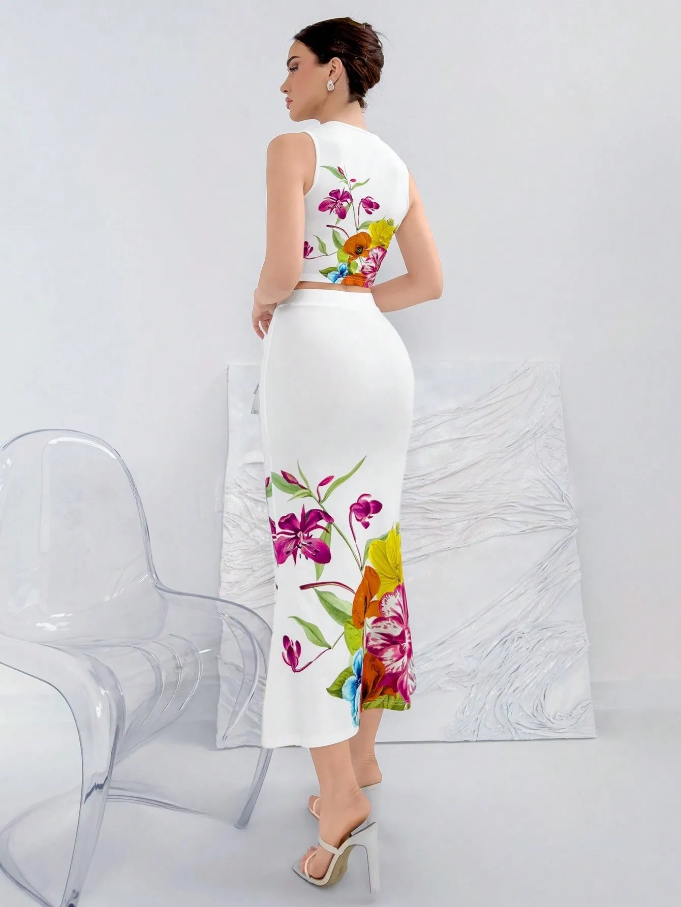 Aloruh 2pcs Women's Floral Printed Crop Top And Mermaid Skirt Set