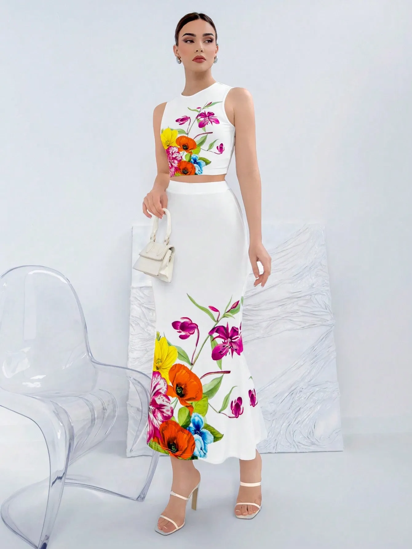 Aloruh 2pcs Women's Floral Printed Crop Top And Mermaid Skirt Set