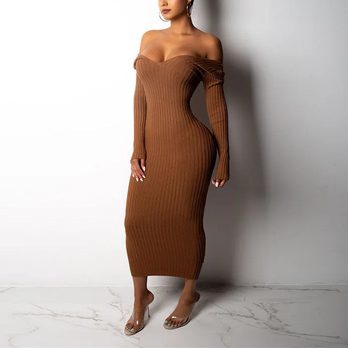 Autumn and Winter V-neck Off-the-shoulder Long-sleeved Slim Knit Dress