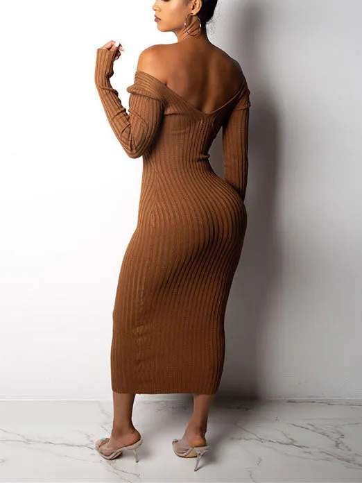 Autumn and Winter V-neck Off-the-shoulder Long-sleeved Slim Knit Dress