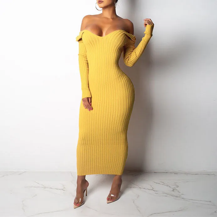 Autumn and Winter V-neck Off-the-shoulder Long-sleeved Slim Knit Dress
