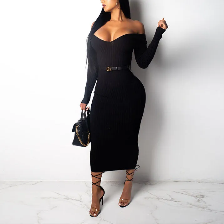 Autumn and Winter V-neck Off-the-shoulder Long-sleeved Slim Knit Dress