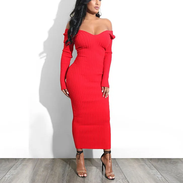 Autumn and Winter V-neck Off-the-shoulder Long-sleeved Slim Knit Dress