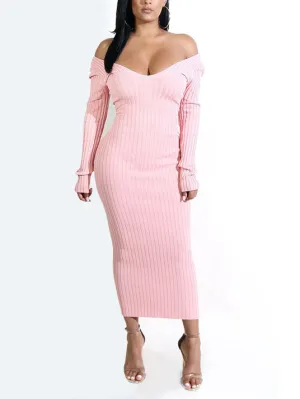 Autumn and Winter V-neck Off-the-shoulder Long-sleeved Slim Knit Dress