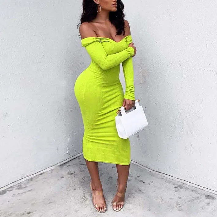 Autumn and Winter V-neck Off-the-shoulder Long-sleeved Slim Knit Dress