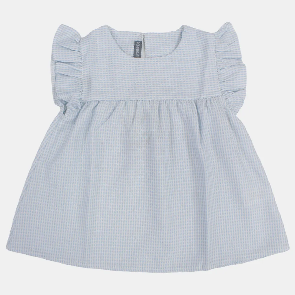 Baby Girls Cotton Blouse – Light Blue with Ruffled Shoulders