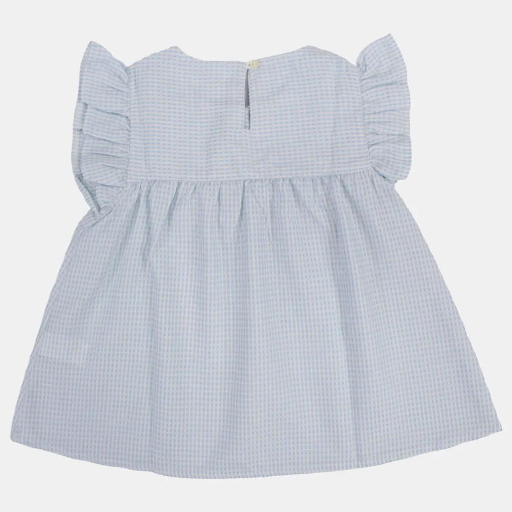 Baby Girls Cotton Blouse – Light Blue with Ruffled Shoulders