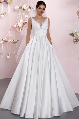 Ball-Gown Bateau Lace Sleeveless Floor-Length Satin Wedding Dress With Deep-V Back And Pleats-MK_700097