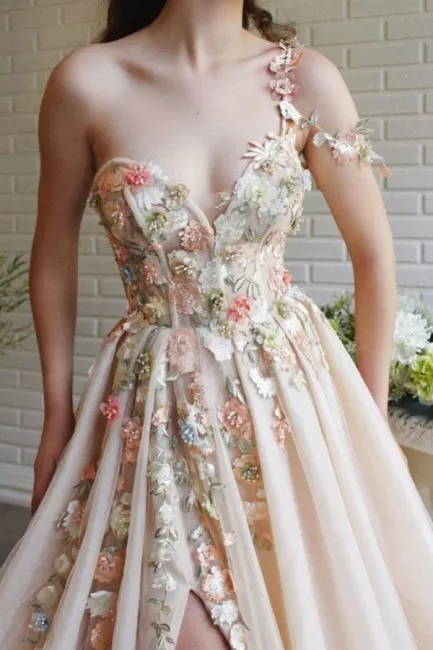 Ballbella Modern One Shoulder Flowers Prom Dress With Slit Long