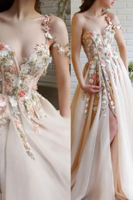 Ballbella Modern One Shoulder Flowers Prom Dress With Slit Long