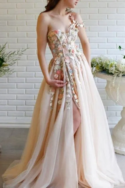 Ballbella Modern One Shoulder Flowers Prom Dress With Slit Long