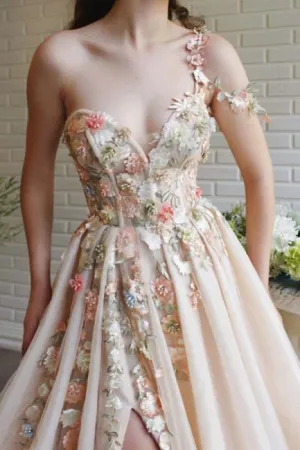 Ballbella Modern One Shoulder Flowers Prom Dress With Slit Long