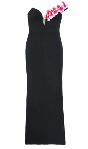 BandageDress elegant floral one-shoulder  maxi dress black