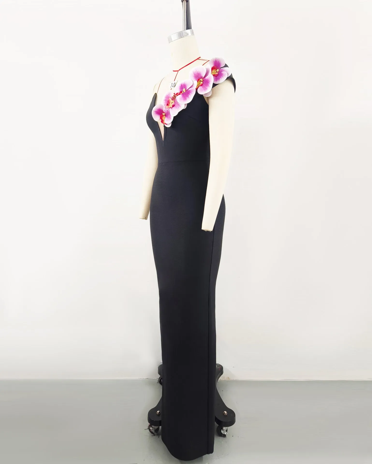 BandageDress elegant floral one-shoulder  maxi dress black
