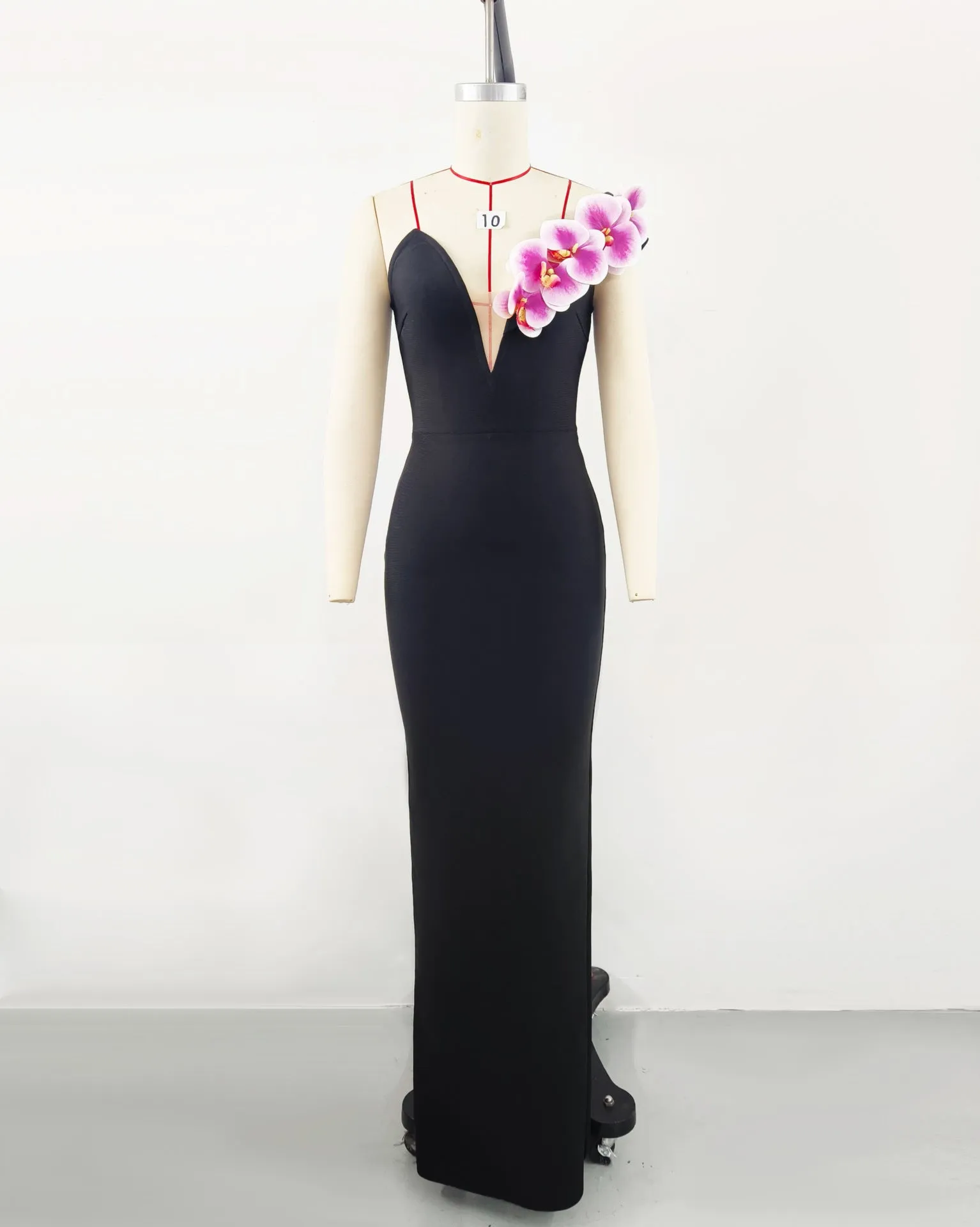 BandageDress elegant floral one-shoulder  maxi dress black