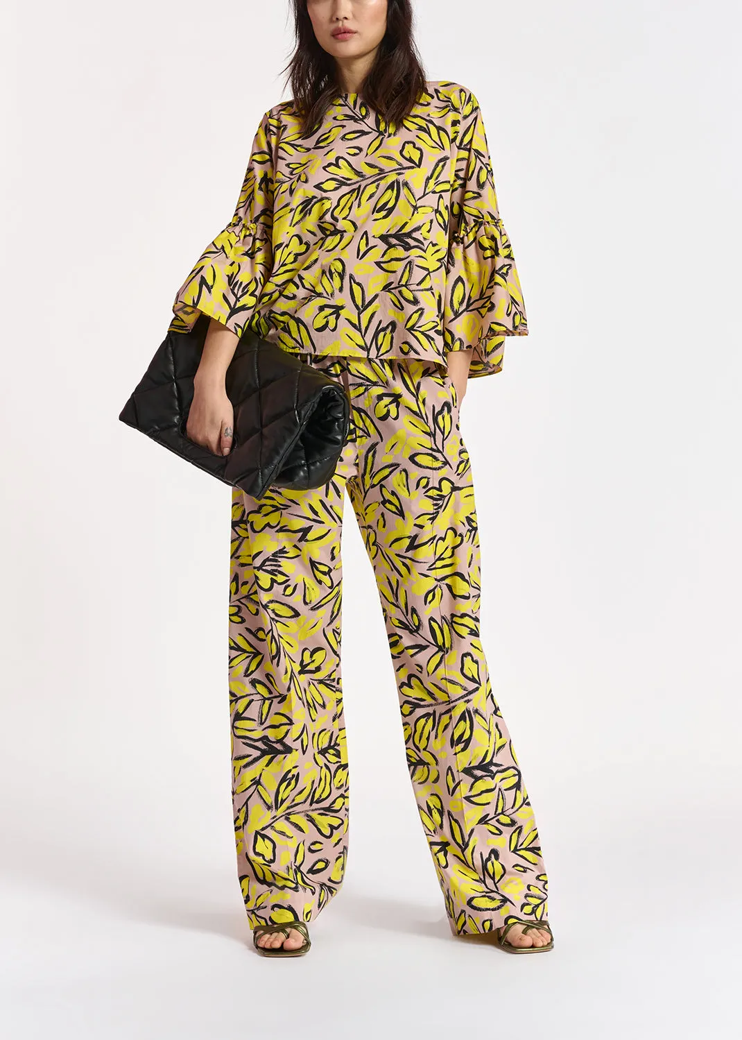 Beige floral printed top with ruffled sleeves