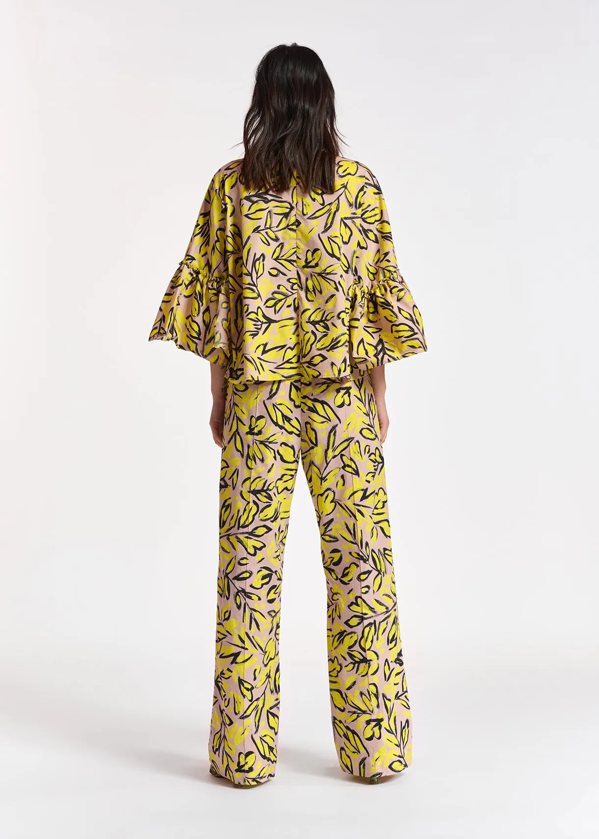 Beige floral printed top with ruffled sleeves