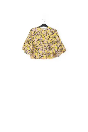 Beige floral printed top with ruffled sleeves