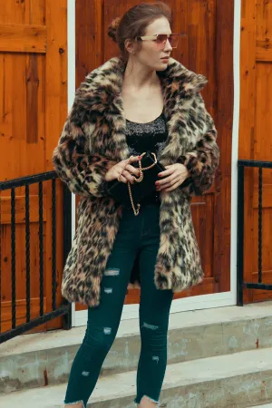 BerryBetty - Brown Leopard Lapel Neck Midi Faux Fur Shearling Coat