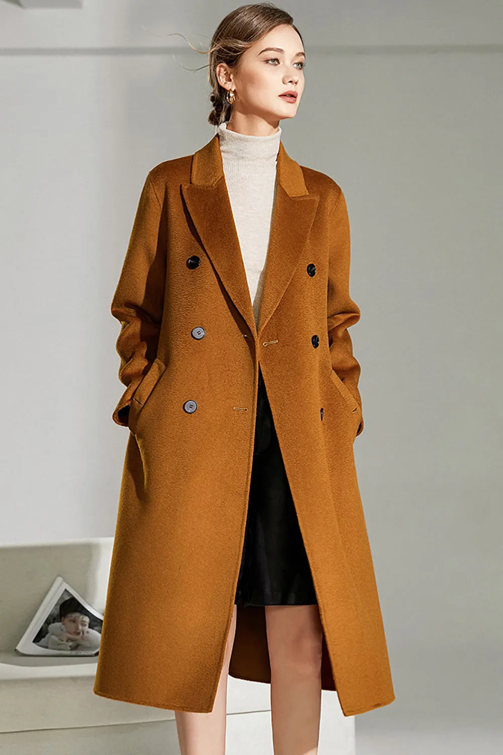 BerryBetty - Camel Wool Double Breasted Notched Lapel Long Coat with Belt