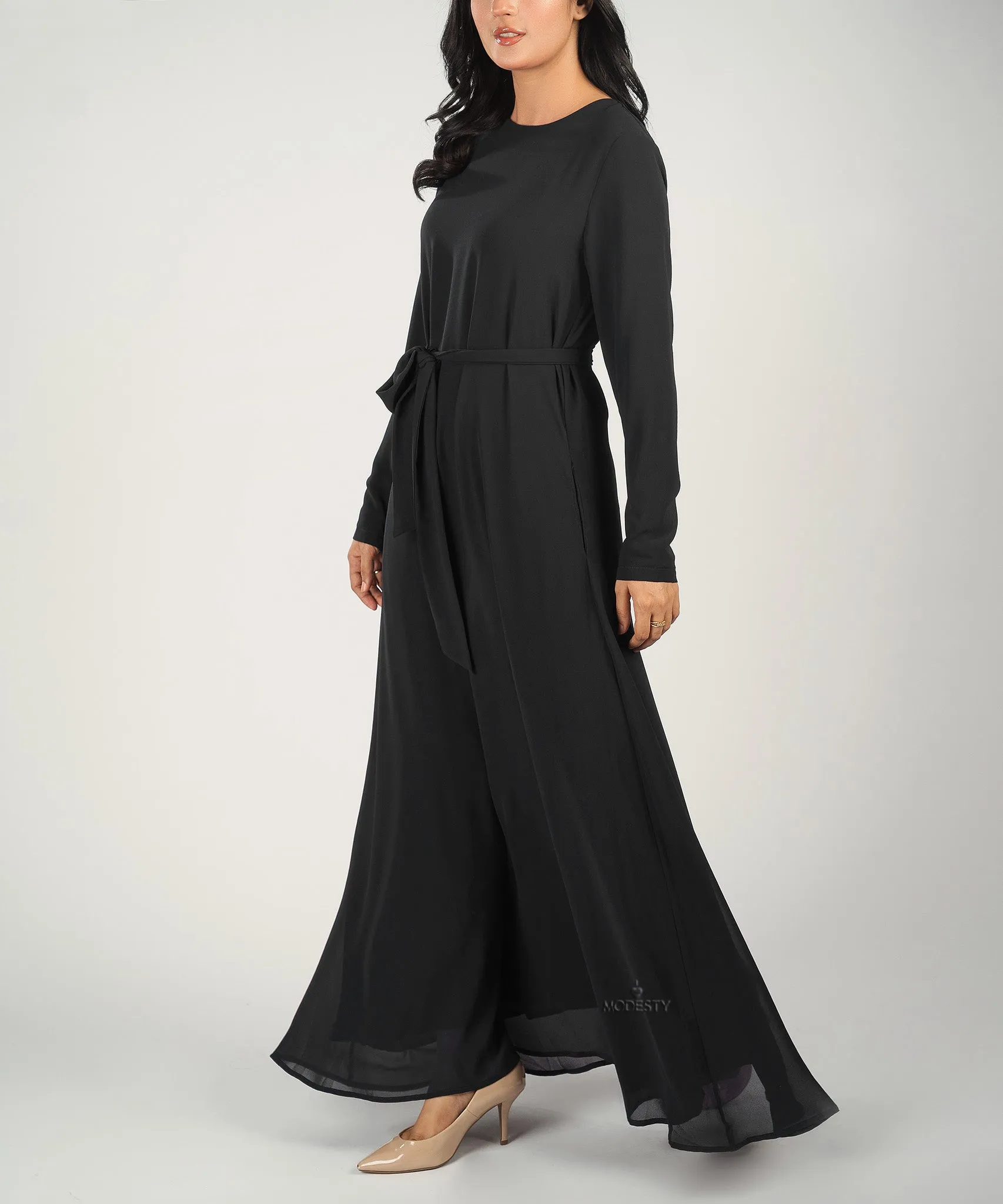 Black Chiffon Classic A-Line Long Sleeve Maxi Abaya Dress