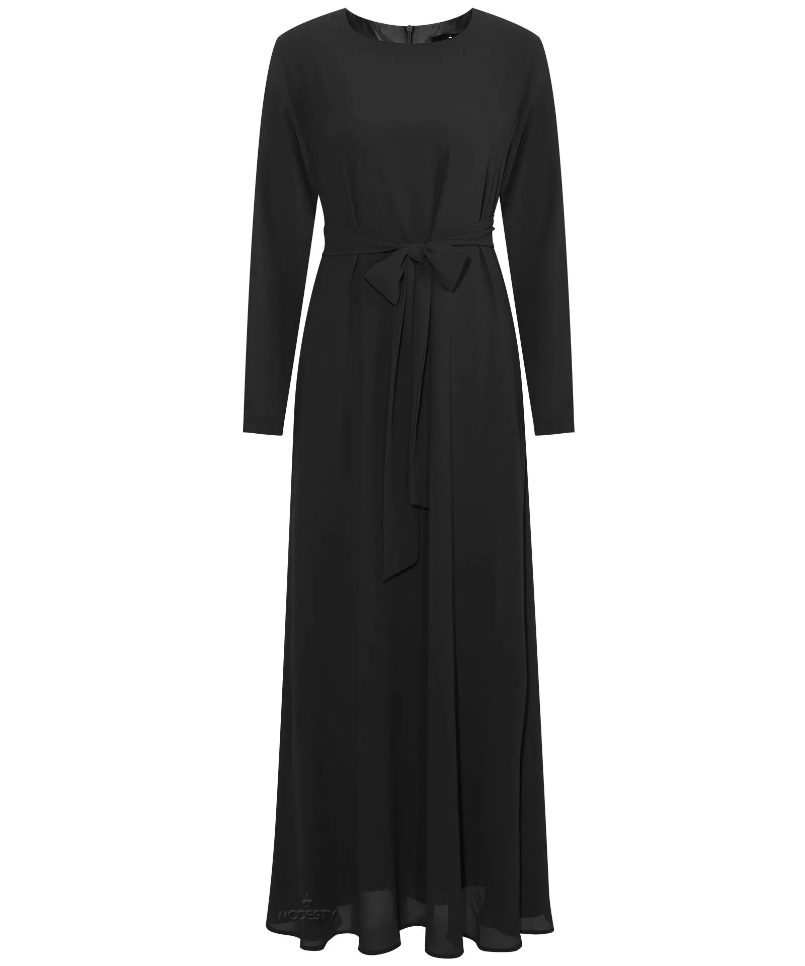 Black Chiffon Classic A-Line Long Sleeve Maxi Abaya Dress