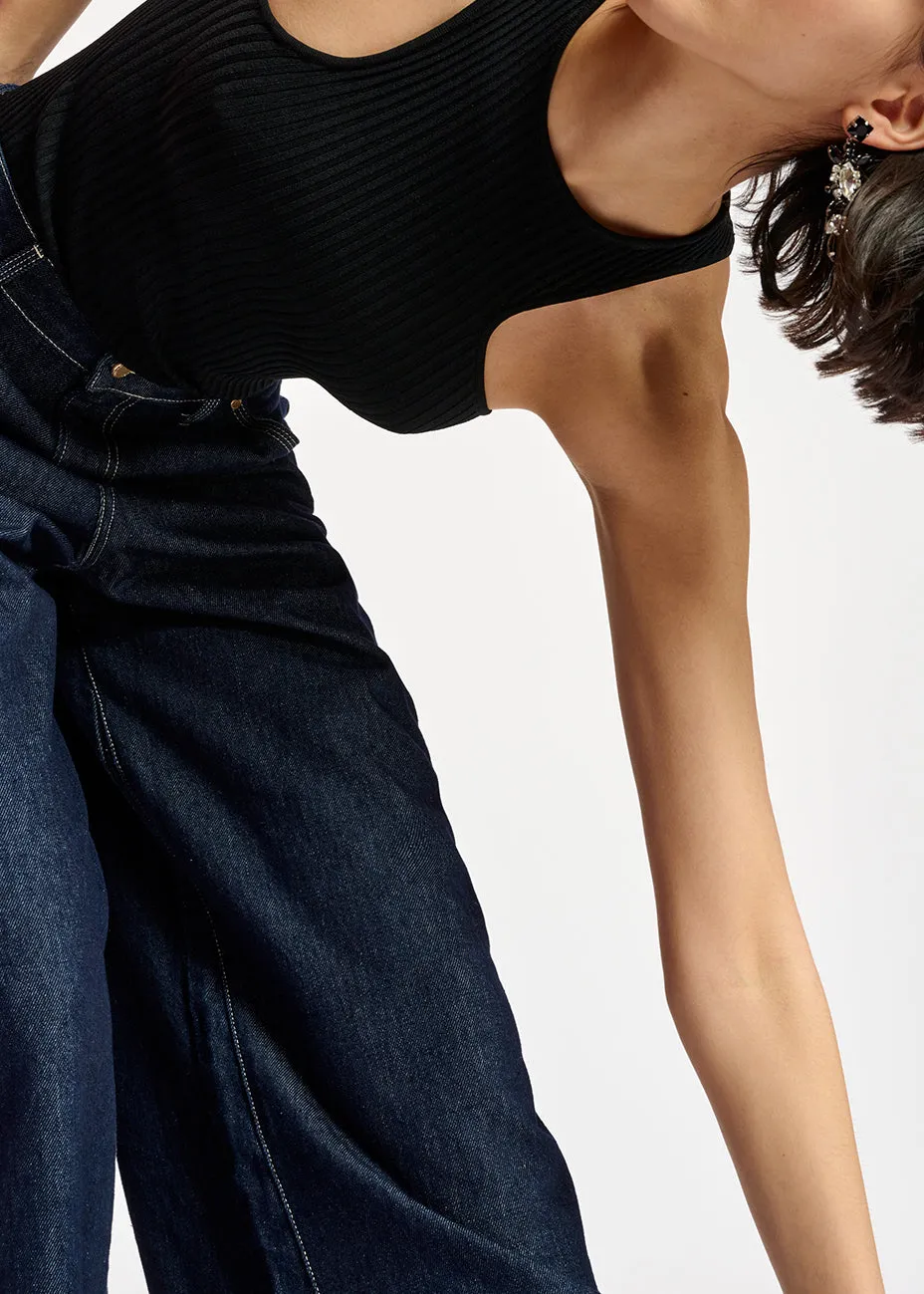 Black fitted ribbed-knit top