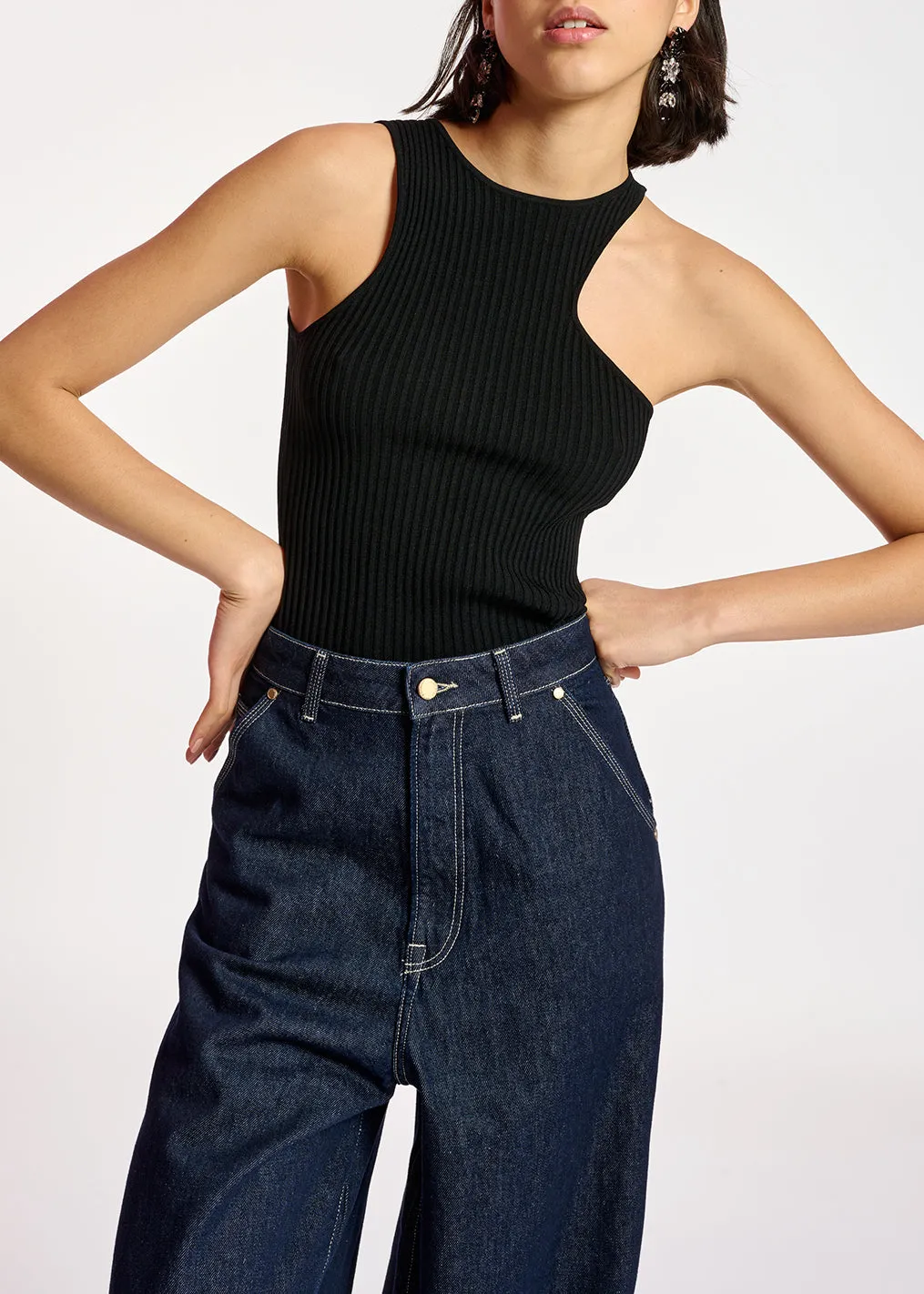 Black fitted ribbed-knit top