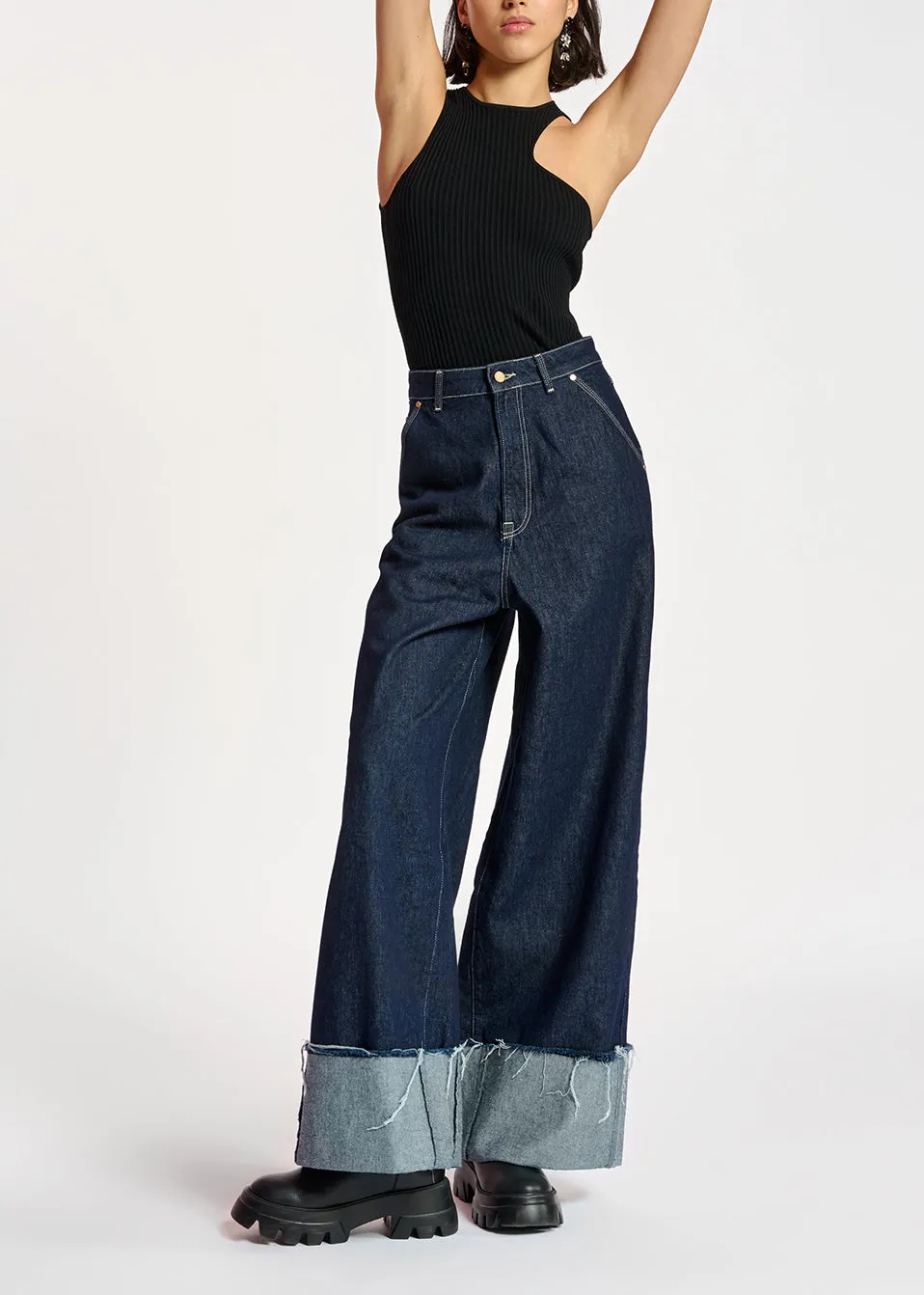 Black fitted ribbed-knit top