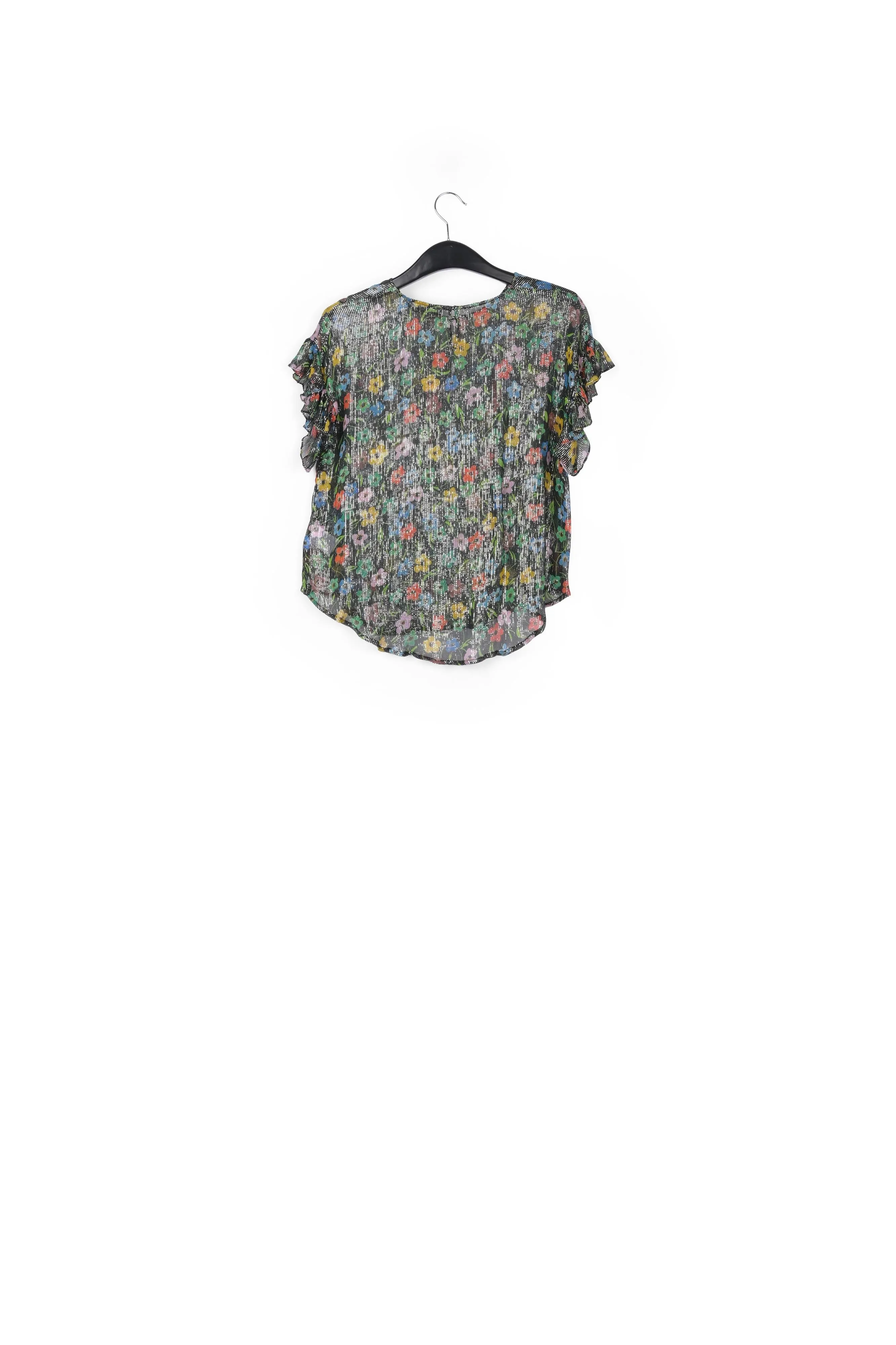 Black floral print top with ruffled sleeves