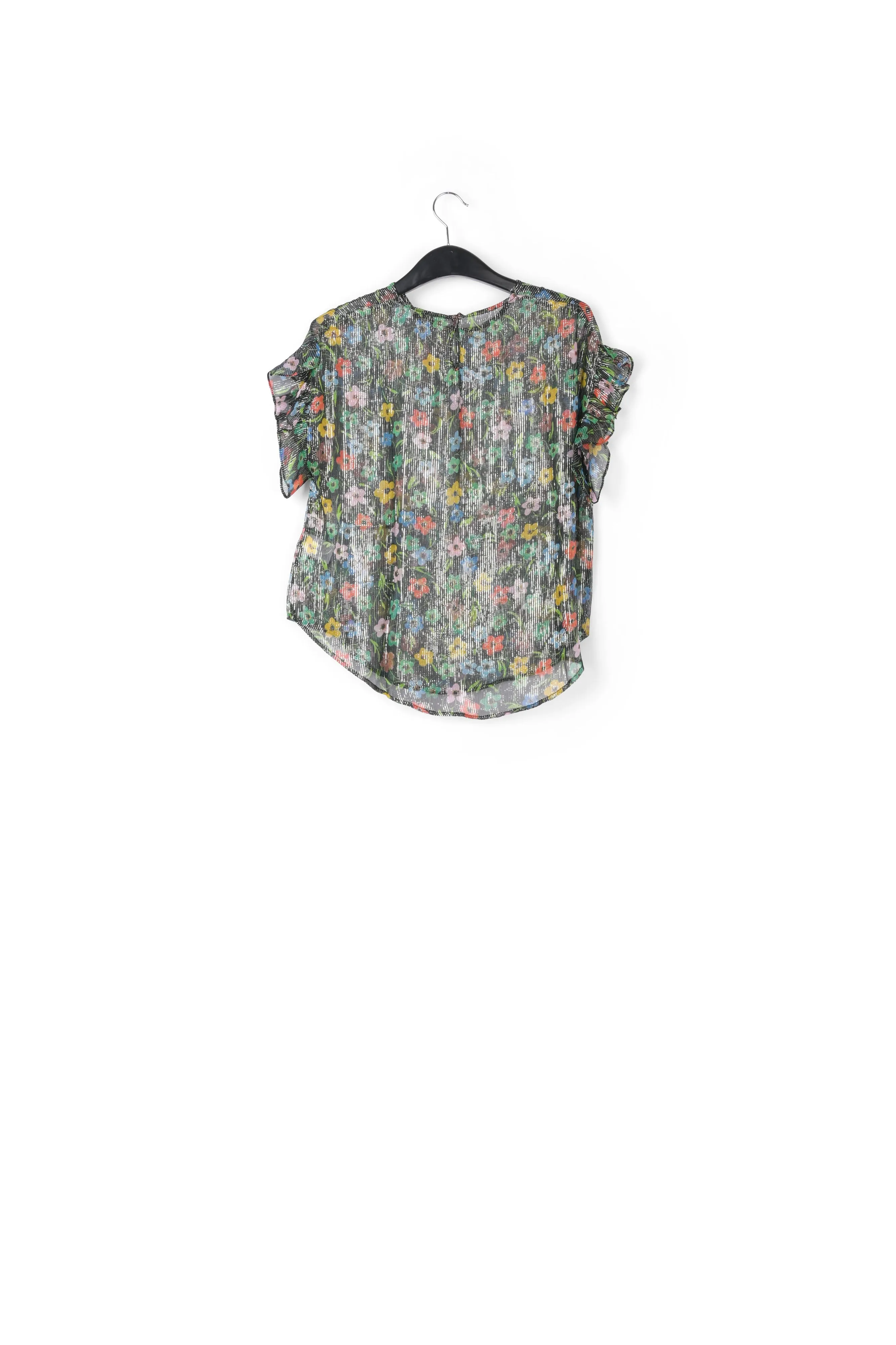 Black floral print top with ruffled sleeves