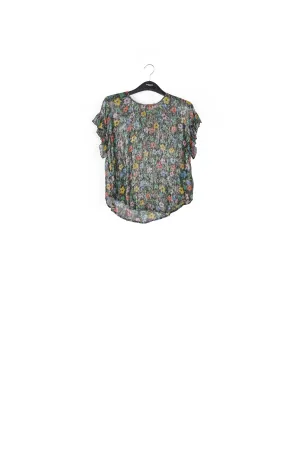 Black floral print top with ruffled sleeves