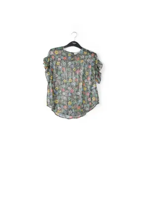 Black floral print top with ruffled sleeves