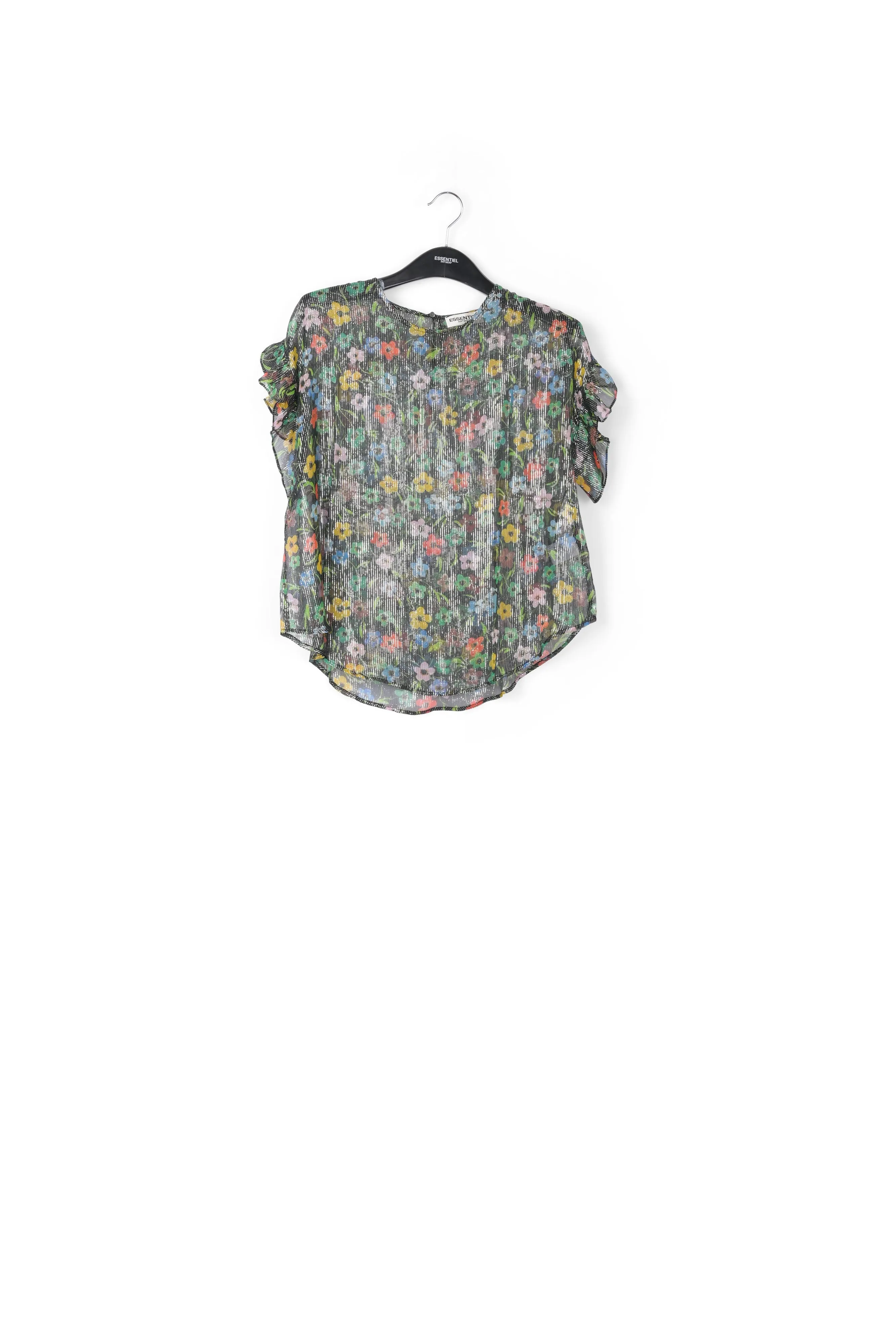 Black floral print top with ruffled sleeves