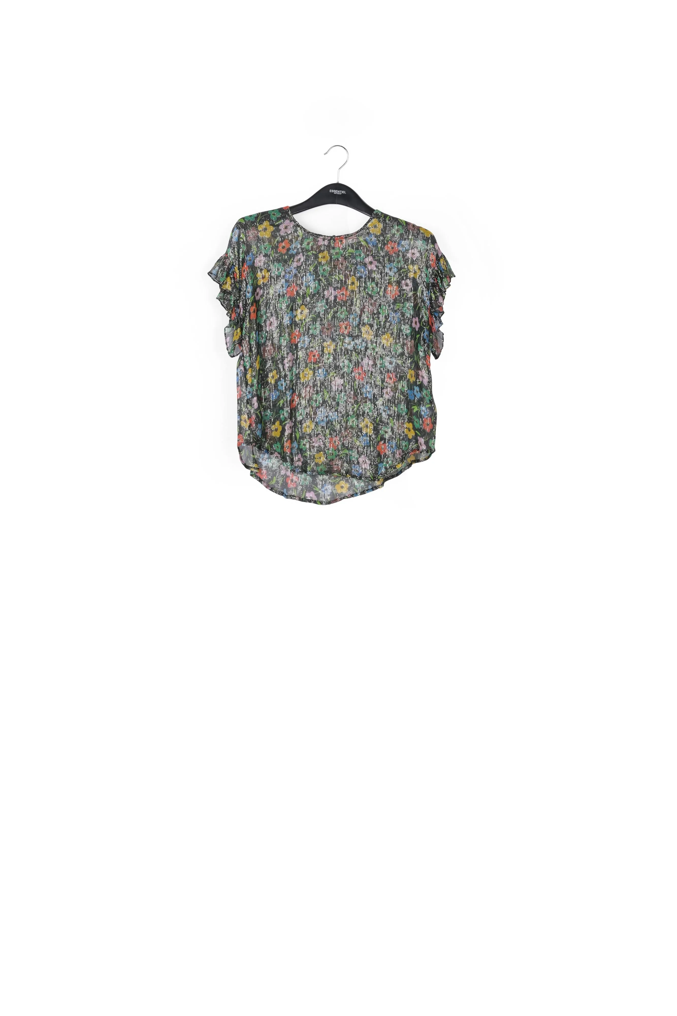 Black floral print top with ruffled sleeves