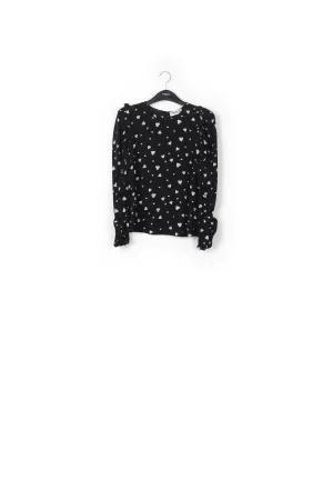 Black heart-print top with ruffled sleeves