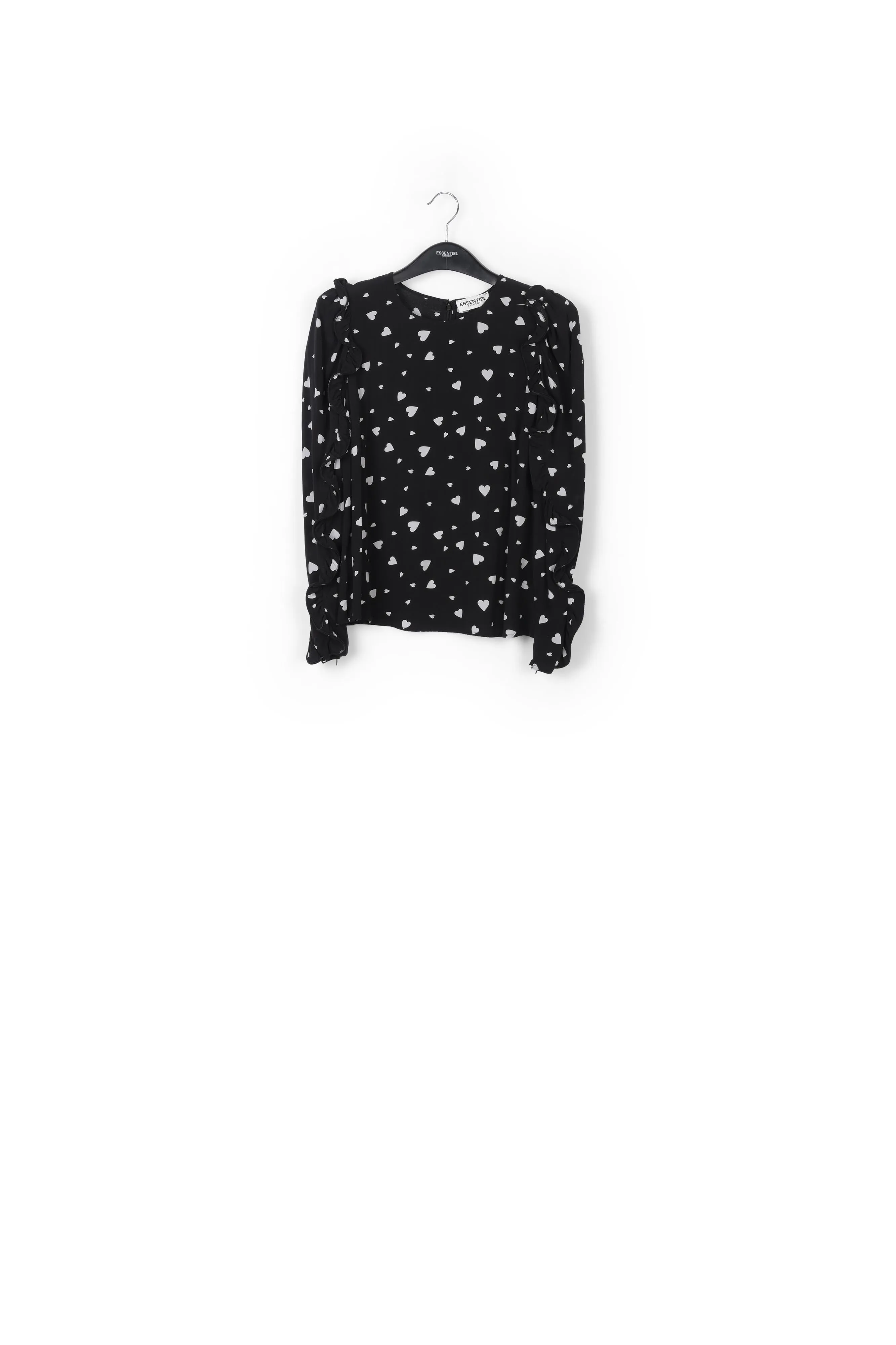 Black heart-print top with ruffled sleeves