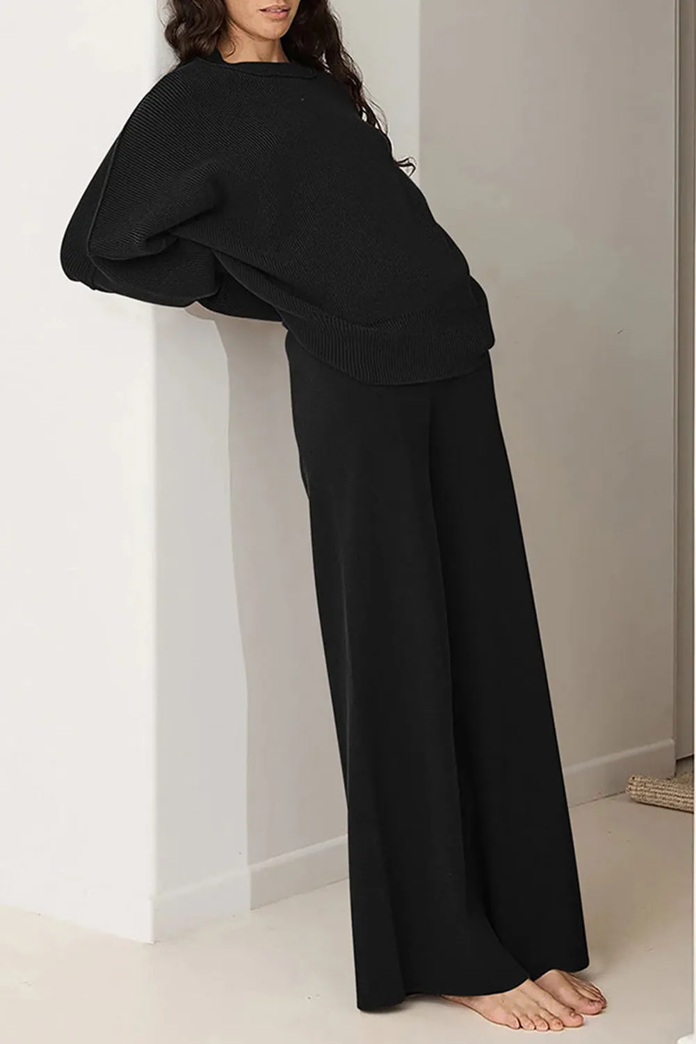 Black Ribbed Knit Drop Shoulder Loose Pants Set