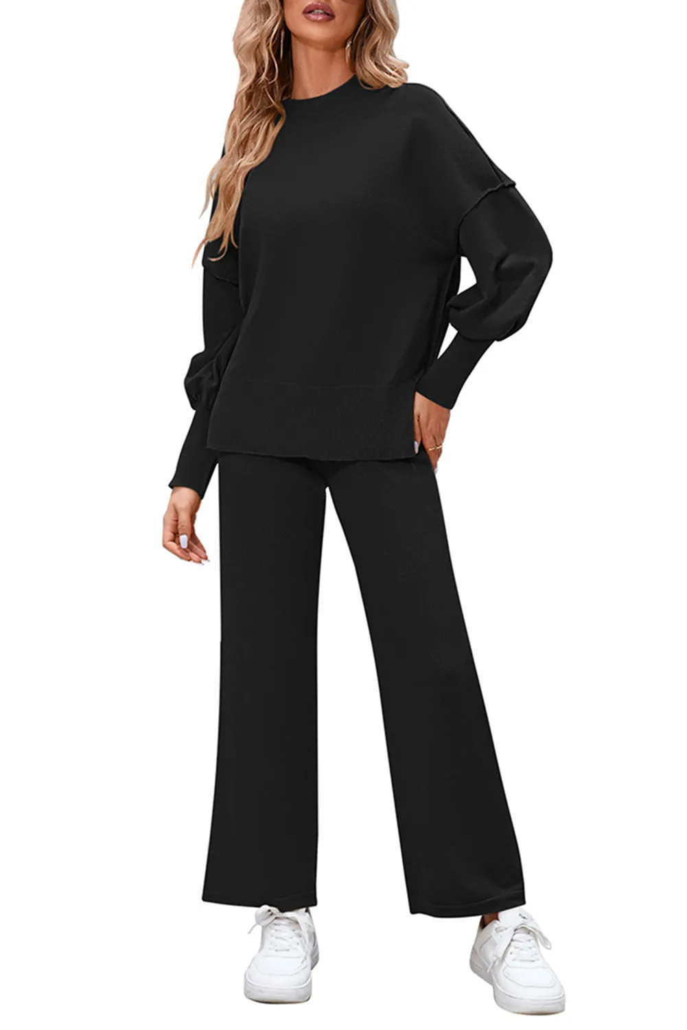 Black Ribbed Knit Drop Shoulder Loose Pants Set