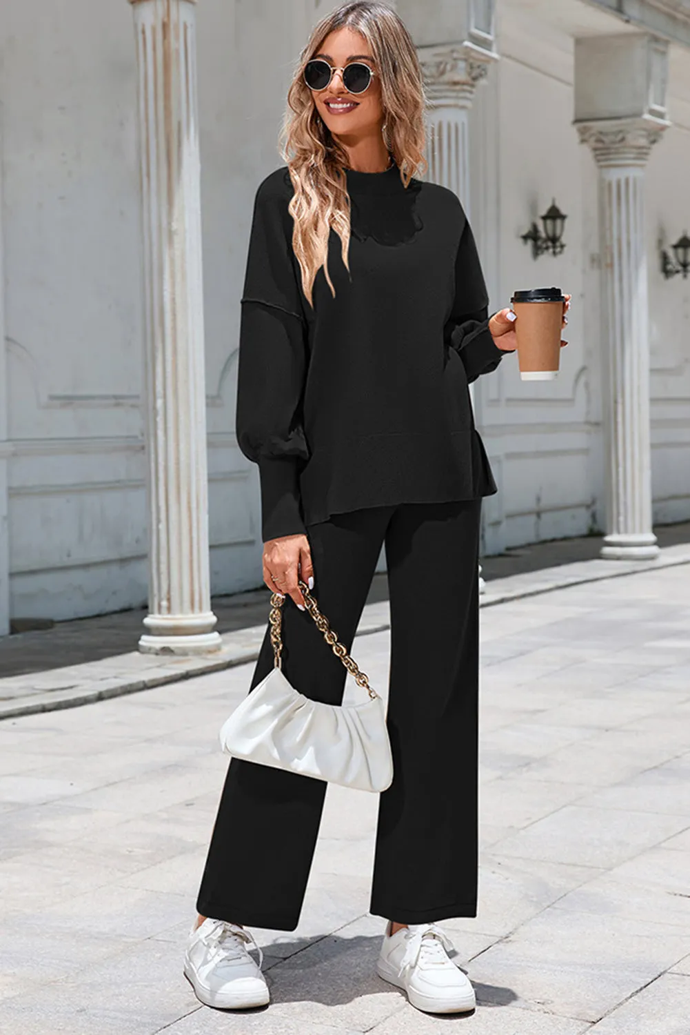 Black Ribbed Knit Drop Shoulder Loose Pants Set
